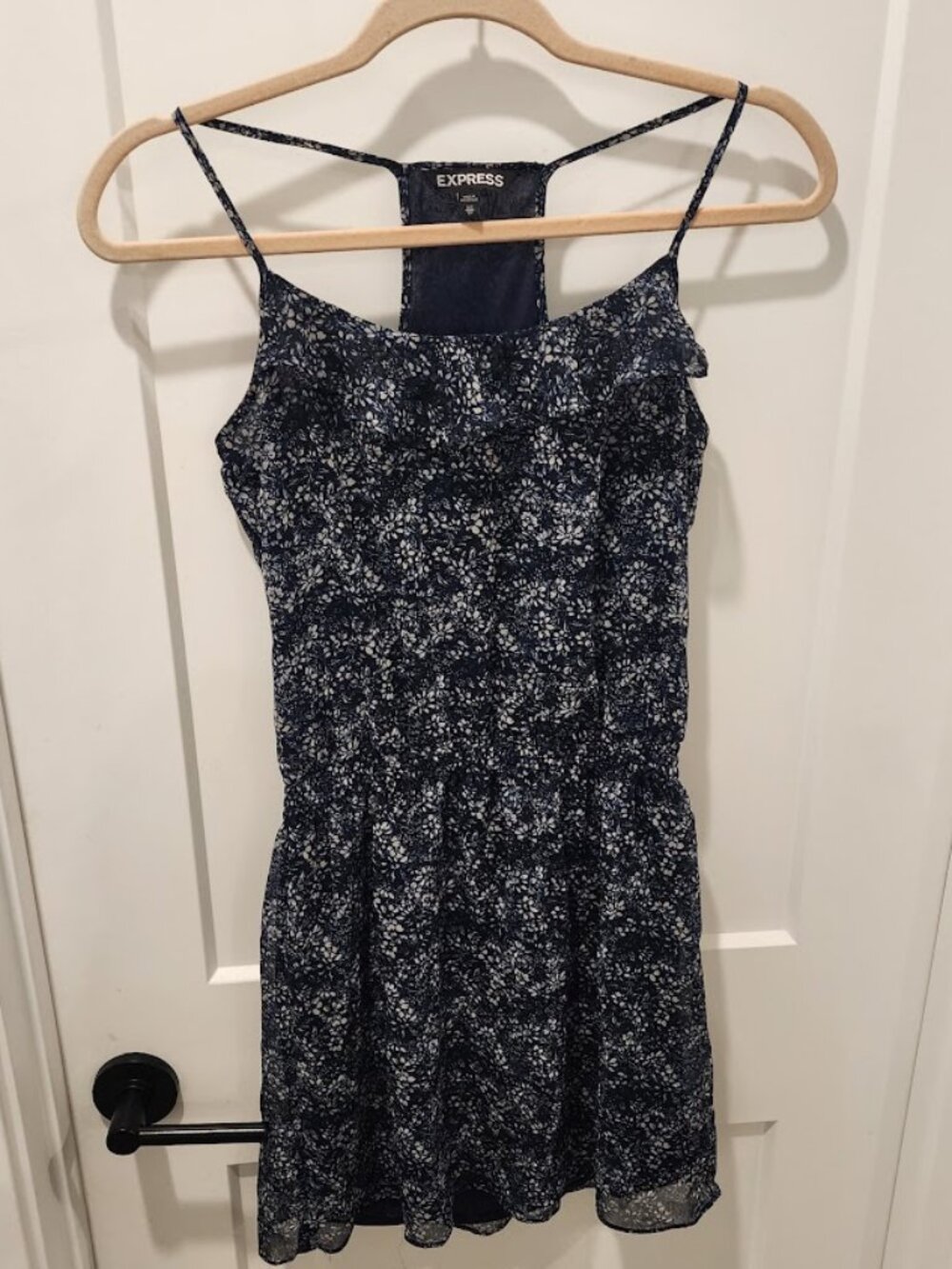 Express Navy Floral Mini Dress With Spaghetti Straps